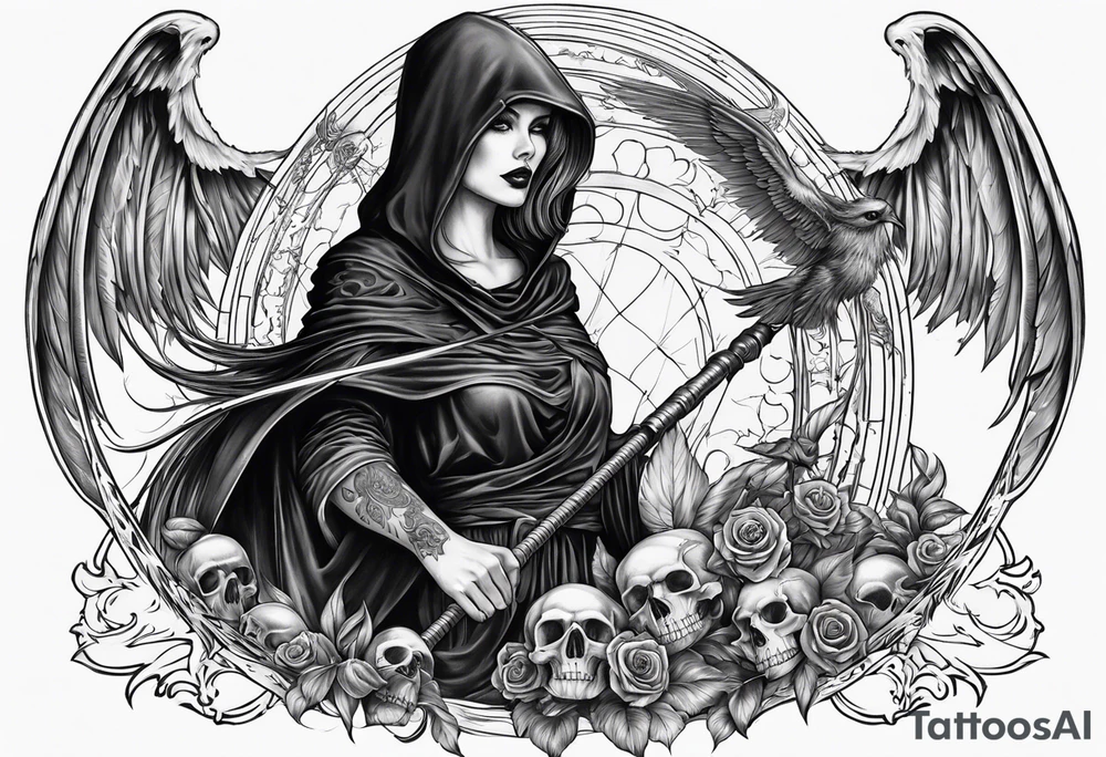 Lady grim reaper with wings, scythe and skulls tattoo idea