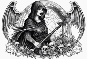 Lady grim reaper with wings, scythe and skulls tattoo idea