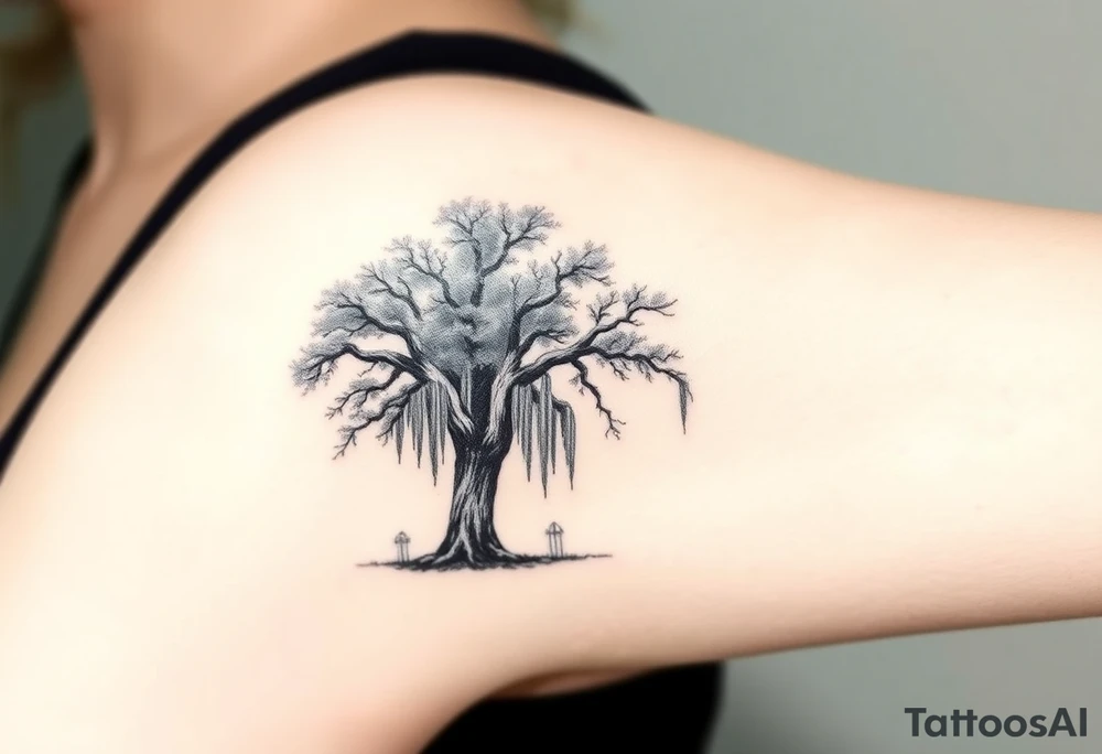2 Oak trees with Spanish moss in a cemetery tattoo idea