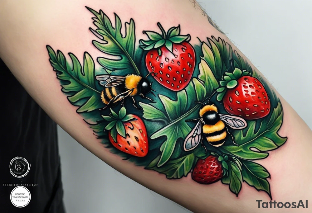a delicate, minimalistic coloured realistic forest floor inspired tattoo, which must include: grass, ferns as the bulk of the image, small strawberries, a small flying bumblebee over the main image
dead leaves tattoo idea