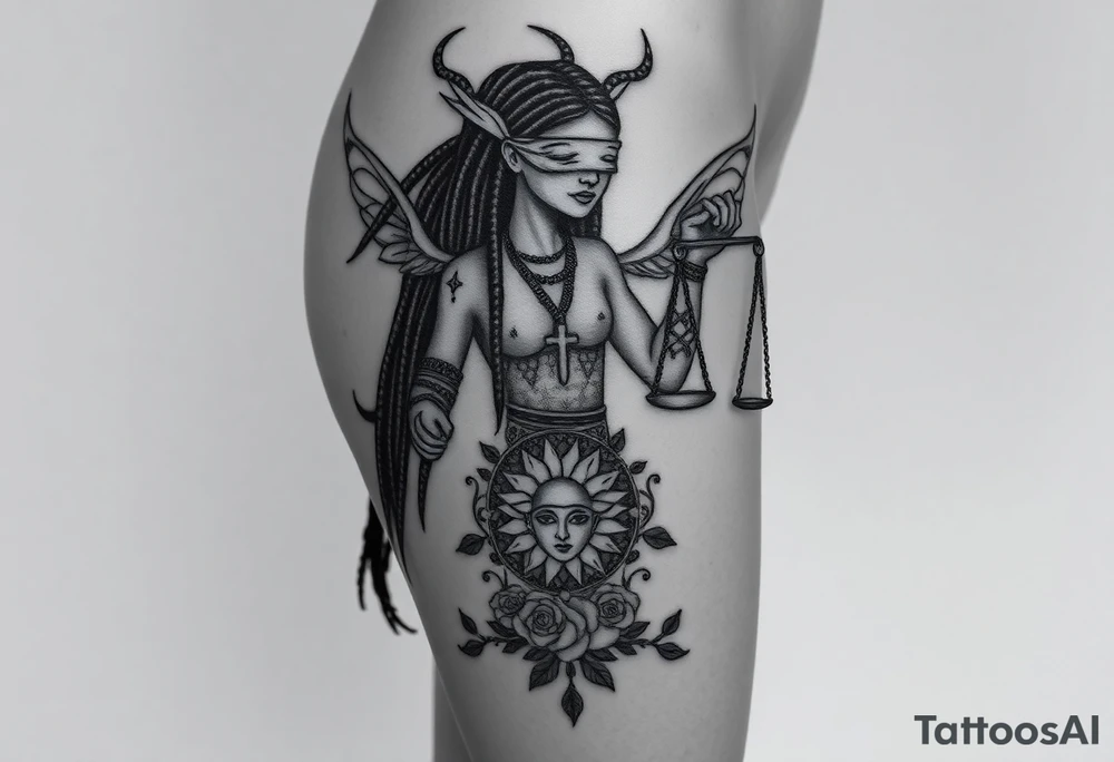 Black Sylph with dreads wearing blind fold and ankh pendant with tattoos holding weighing scales with the sun and moon rose vines surrounding and Anubis guarding tattoo idea