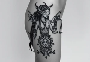 Black Sylph with dreads wearing blind fold and ankh pendant with tattoos holding weighing scales with the sun and moon rose vines surrounding and Anubis guarding tattoo idea