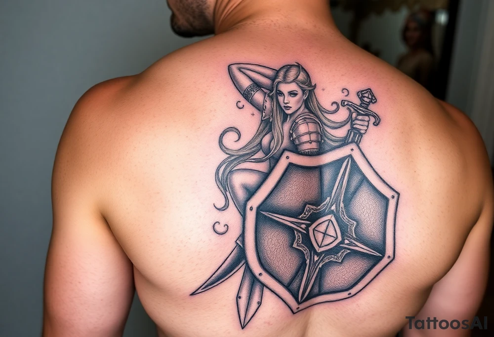 blonde valkyrie with sword and shield -- location calf -- image should show entire body of the valkyrie -- she should have large breasts and beautiful yet tough -- full color, realistic, should have breast armor, less cartoony more realistic, should -- full color-- 
 show her entire body tattoo idea