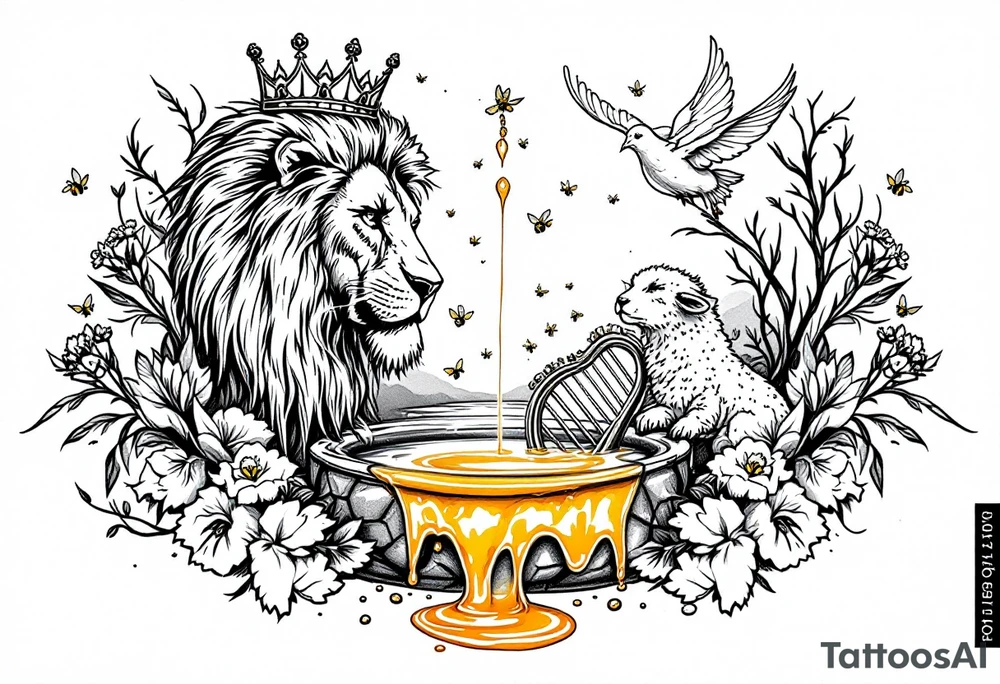 Make a honeycomb dripping honey flowing into a river and lake.  Make a lion, lamb, and dove playing in and by the honey lake.  Make the lion, lamb, and dove playing with and protecting honeybees, a crown, a golden nugget, an ancient hammer, and a harp with melodies.  Make a dna helix in the honey lake. Make an acts 3:21 banner over the tattoo tattoo idea