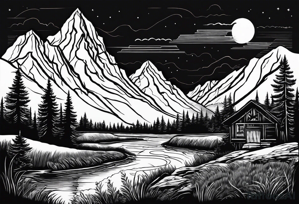 Mountain scene with a river with a subtle peace sign as the sun. Use the words IT IS WELL written in the scene tattoo idea