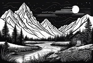 Mountain scene with a river with a subtle peace sign as the sun. Use the words IT IS WELL written in the scene tattoo idea
