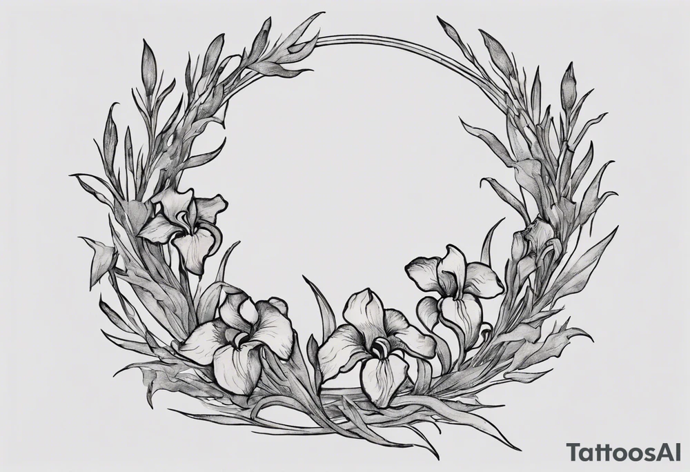 Create a small Vincent van Gogh Irises tattoo. The tattoo should take the form of a crescent, with vines gracefully intertwining at a central point in the middle of the wreath. Ensure that the design avoids the appearance of a bush and maintains a more structured and deliberate arrangement. The intended placement is on the upper chest. The overall design should be small in size while maintaining a delicate and artistic aesthetic. Pay attention to the graceful flow of the vines and the placement of the irises to achieve a refined and elegant look. tattoo idea