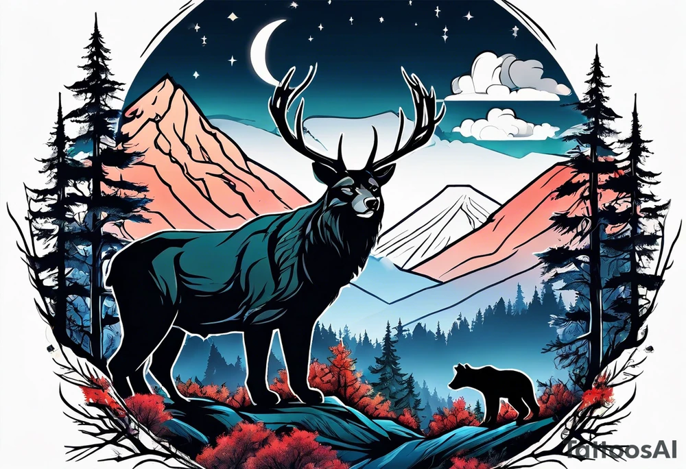 Hunter in the forest with dark mountains in the background under moonlight with bear and
 deer and a cougar tattoo idea