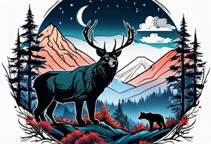 Hunter in the forest with dark mountains in the background under moonlight with bear and
 deer and a cougar tattoo idea