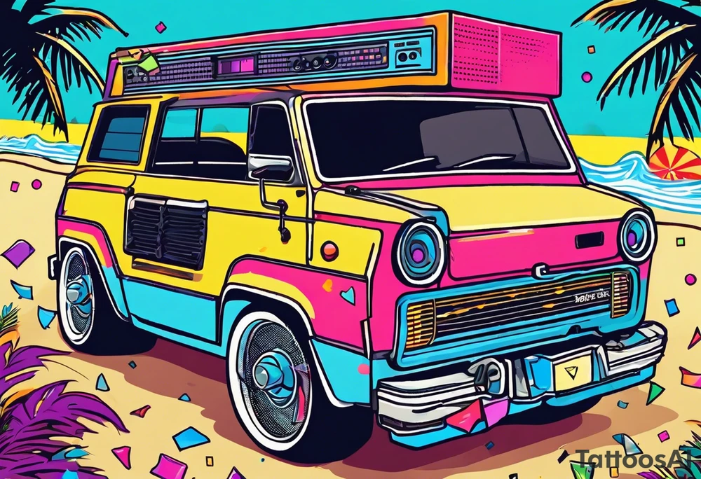 1980's style dance party with boom box and confetti in a beach theme. include people in 80's miami beach clothes, music note. tattoo idea
