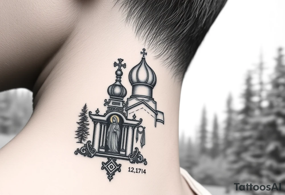 russian coat arms traditional christian orthodox cross with a virgin mary stood in the entrance of a russian orthodox dome church on the side of the neck in a wilderness setting tattoo idea