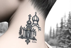 russian coat arms traditional christian orthodox cross with a virgin mary stood in the entrance of a russian orthodox dome church on the side of the neck in a wilderness setting tattoo idea