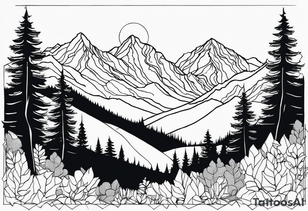 Mountains valley trees tattoo idea