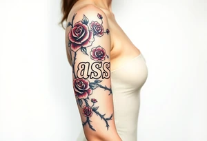 the word Nashika with roses surrounding with thorns tattoo idea