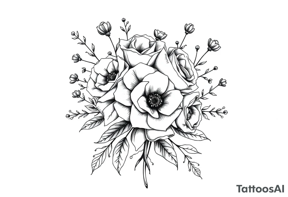 vintage bouquet of wild roses and meadow flowers with morning dew tattoo idea