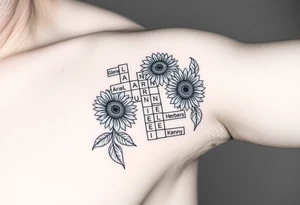 Crossword puzzle with sunflowers with names Gloria, Ariel, Herbert, Camila, and Kenny tattoo idea