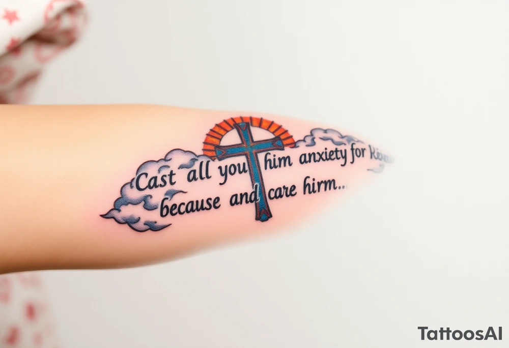 cast all your anxiety on him because he cares for you"  surrounded with clouds and cross big horizontal tattoo idea