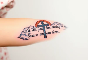 cast all your anxiety on him because he cares for you"  surrounded with clouds and cross big horizontal tattoo idea