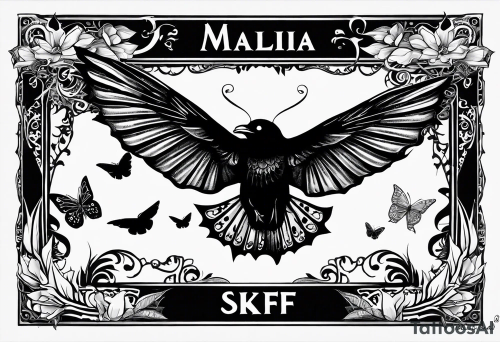 A black and white tattoo.
A butterfly flies. A raven flies. 
The animals fly around the name Malia.

In the background is the name Malia.
In the background is the name SKF.
The number 89 can be seen in the background.
There is also a scorpion in the wing of the butterfly.
This tattoo is black and white and on the arm. tattoo idea