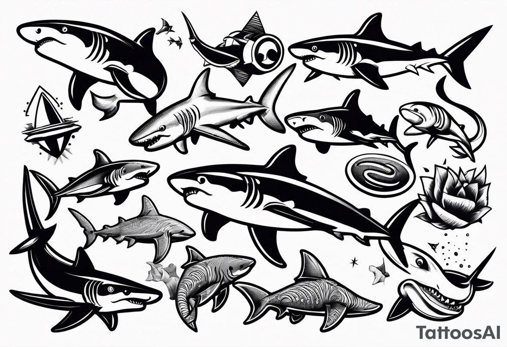 Variety of sharks style flash sheet tattoo idea