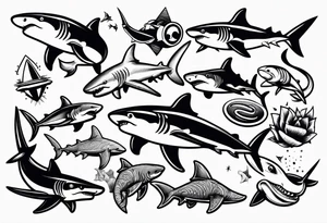 Variety of sharks style flash sheet tattoo idea