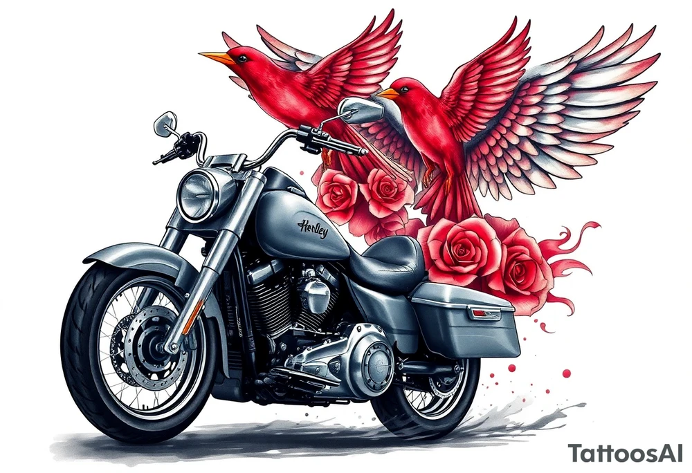 Harley grey motorcycle driving away, two red birds flying, roses, flames, angel wings tattoo idea