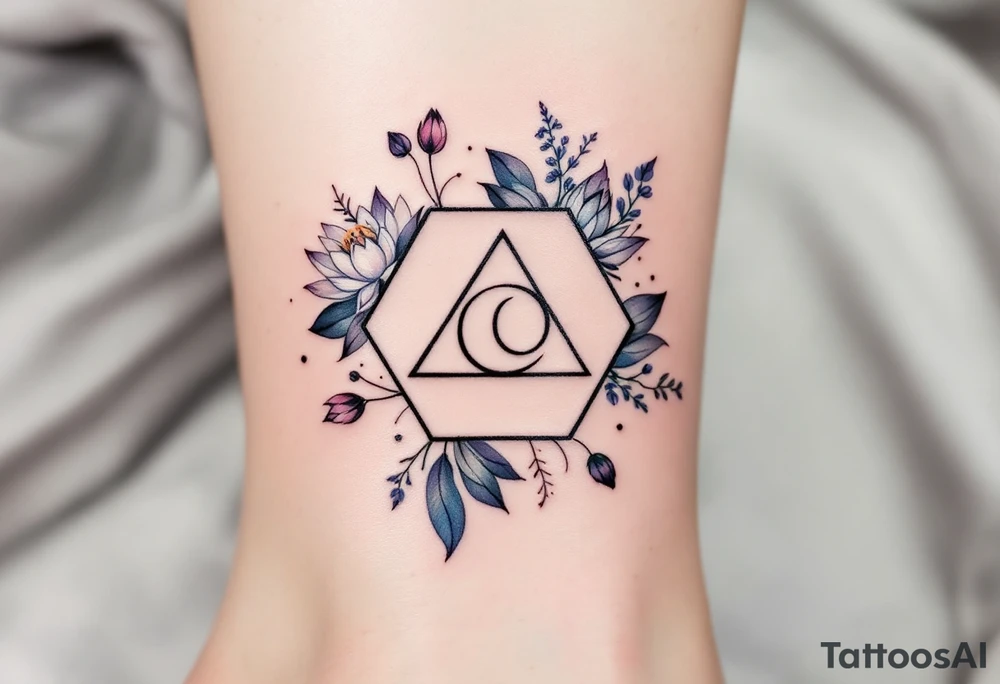 Small Feminine simple Dotted Line hexagon with Leo astrological symbol surrounded by larkspurs and water lilies tattoo idea