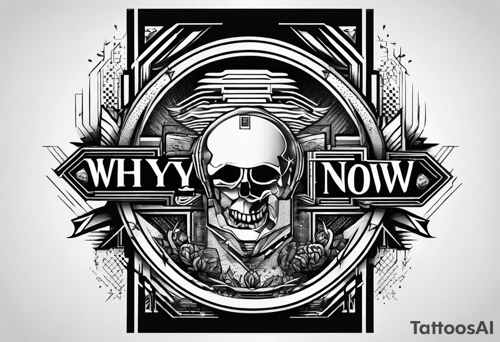 The words "Why not now?" surrounded by pixels in a retrowave style tattoo idea