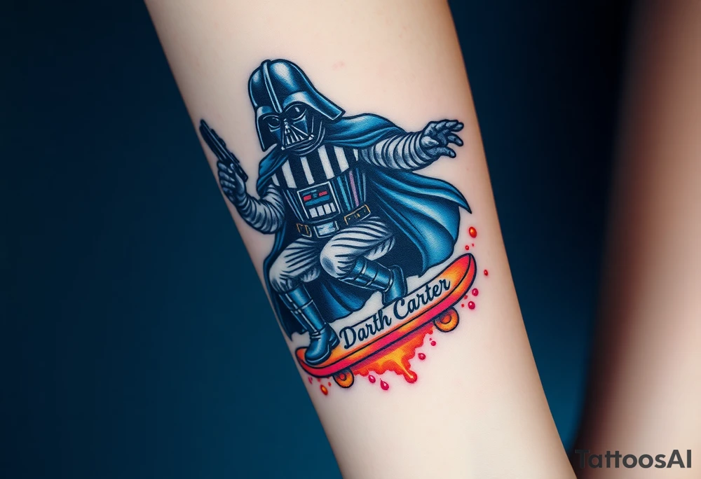Darth Vader skateboarding holding gun > bullets > memorial > god > colors > futuristic 
add name "Darth Carter" on skateboard
add date in loving memory 12/29/88-01/06/24 tattoo idea