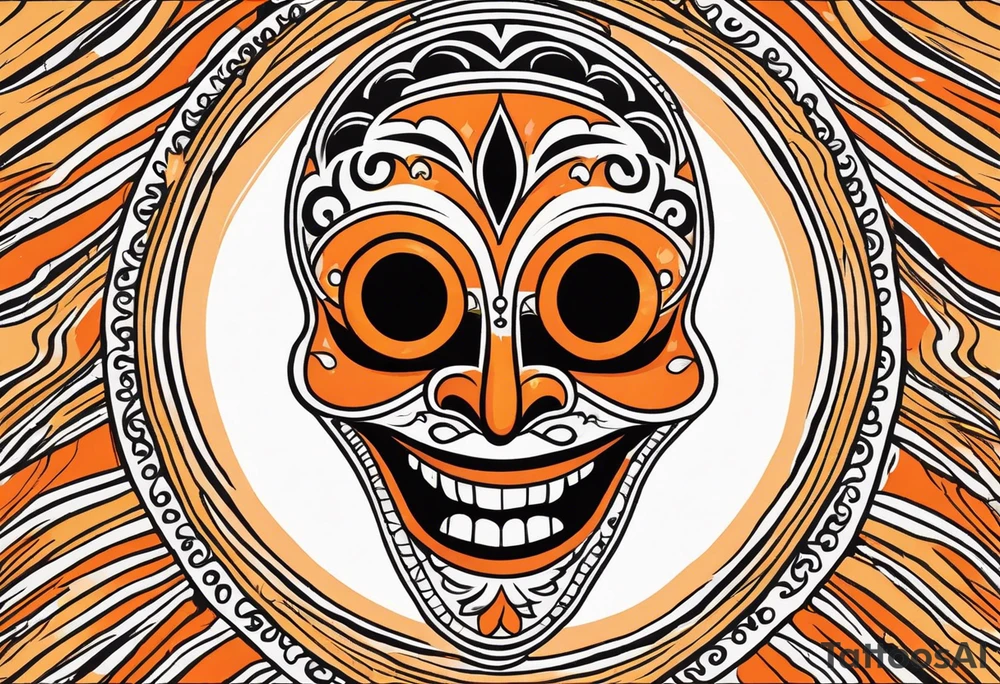 Laughing Mexican mask that is orange and black simplistic tattoo idea