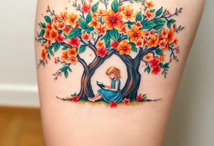 An orange tree full of flowers. Under the tree, a little blond girl wearing a blue dress sitting while reading. 


. tattoo idea