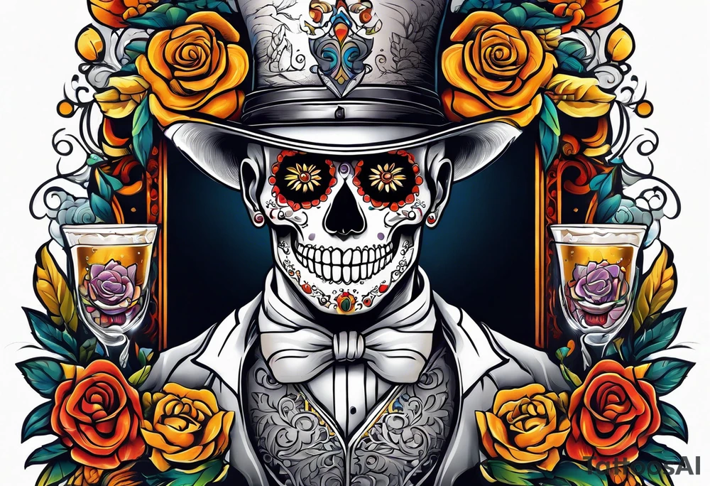 day of dead,man,standing,drink,horizontal,cover up tattoo idea