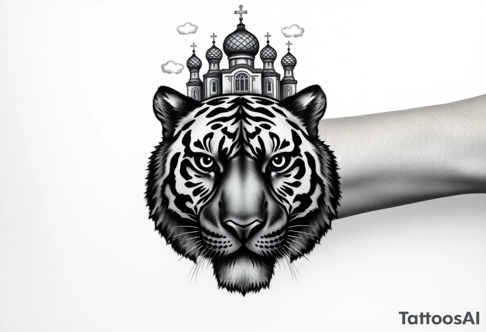 Realistic tiger face on the back of the hand with its eyes ALL black and no pupils, sitting beneath a Russian Orthodox cathedral sitting above on the top fore arm with onion domes and orthodox crosses. with clouds above and a virgin mary tattoo idea