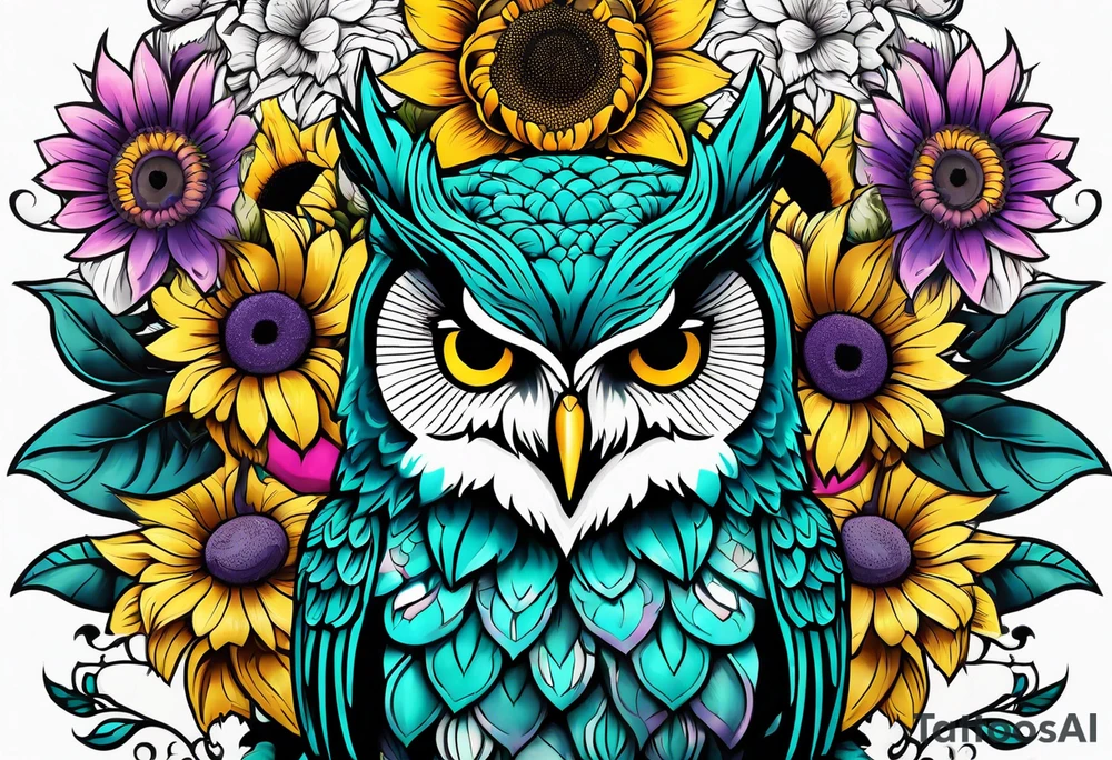 Leg Sleeve with teal, pink and purple owl and yellow sunflowers tattoo idea
