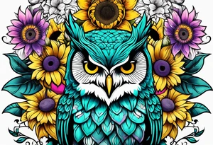 Leg Sleeve with teal, pink and purple owl and yellow sunflowers tattoo idea