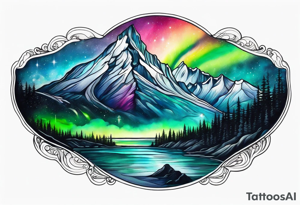 northern lights and mountain square shaped tattoo idea