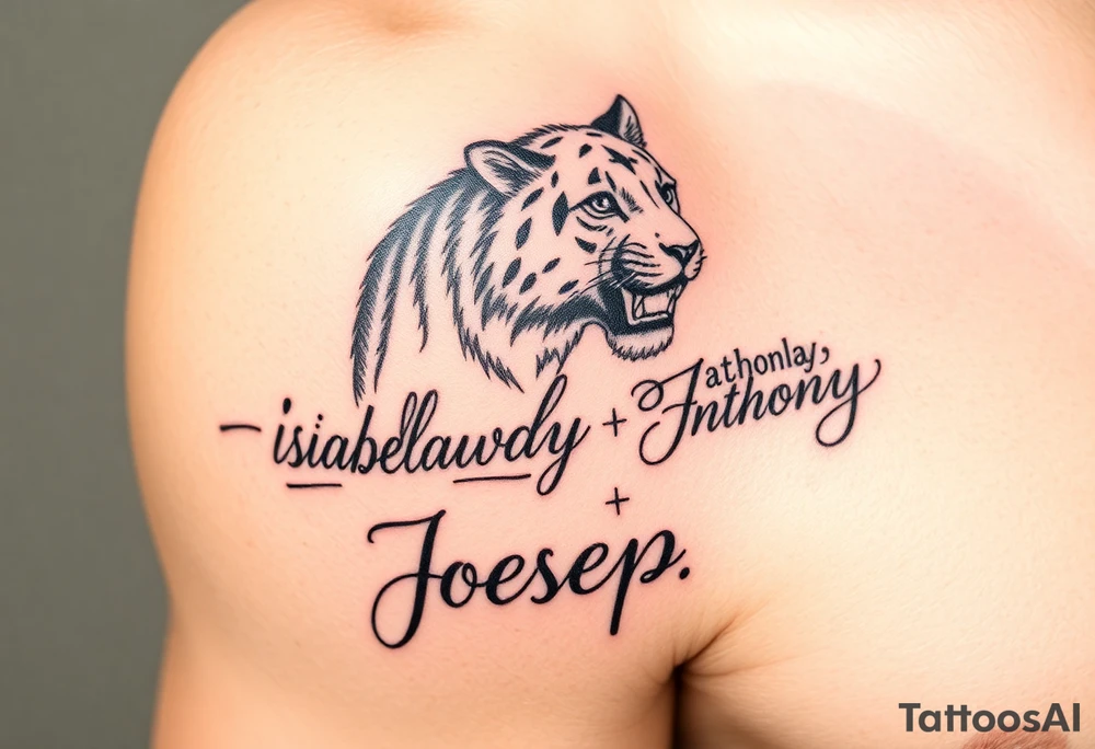 Writing of siblings names with animal. 
Names are, Isabella, Anthony, Joeseph tattoo idea