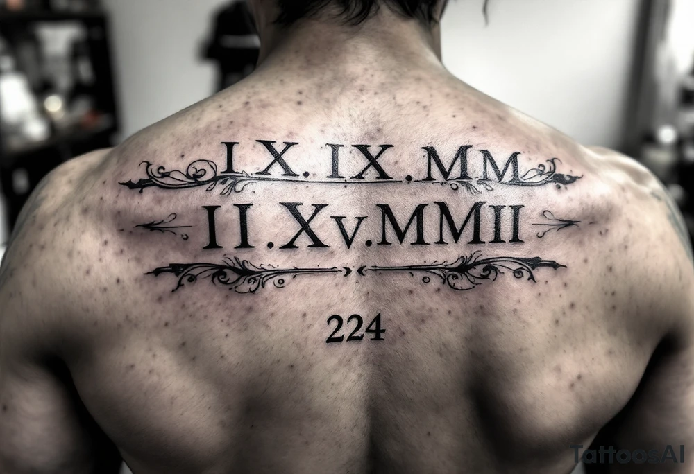 Roman numeral dates IX.IX.MM and II.XXV.MMII with a space between them in a balanced and symmetrical layout, along with the number 224 tattoo idea