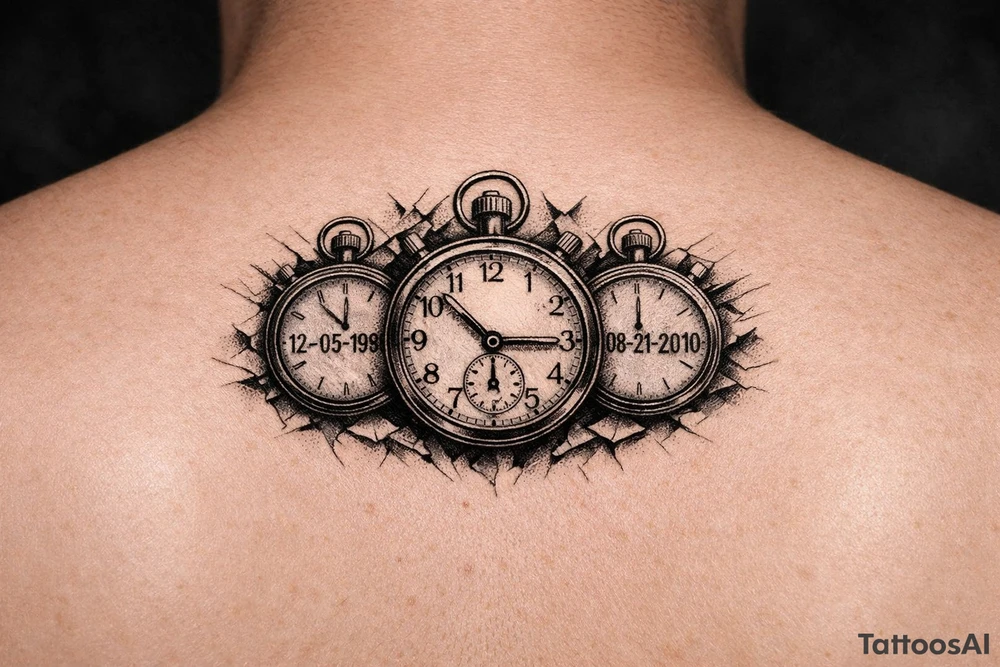 3 stop watches with time and date tattoo idea