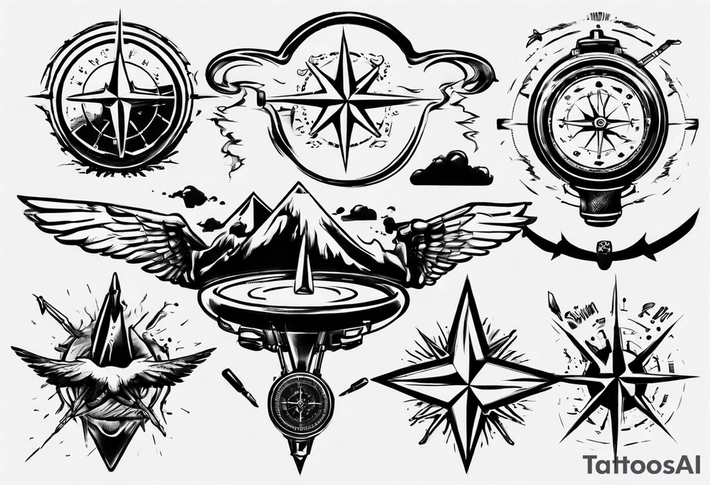 skydiving, shooting guns, compass, adventure tattoo idea