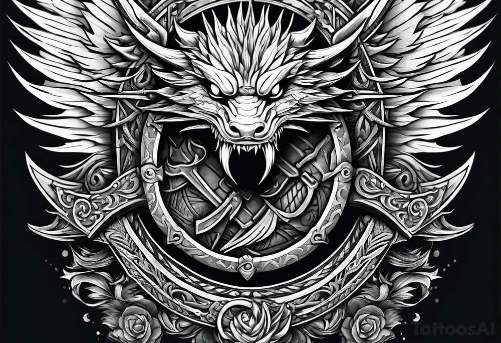 Valhalla sword shield dragon axe ship tattoo idea
