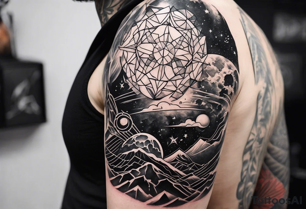 geometric half sleeve tatoo, space, nature tattoo idea geometric half sleeve tatoo, space, nature tattoo idea