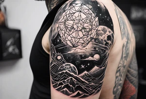 geometric half sleeve tatoo, space, nature tattoo idea