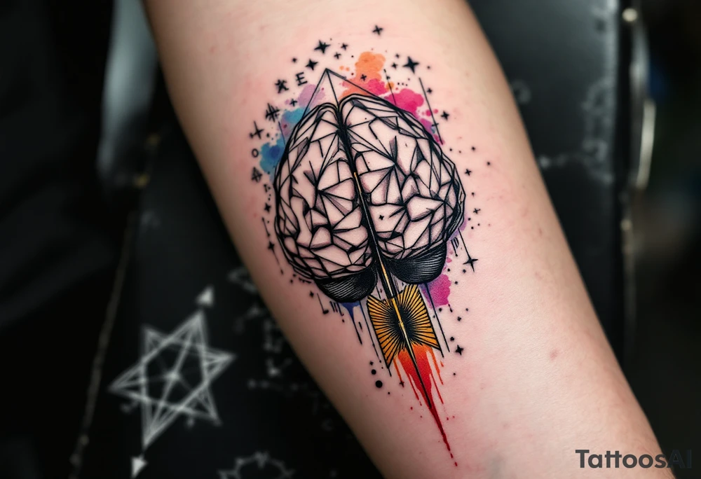 A front-seen brain in geometric and straight lines, math symbols arround, the phrase "Aut inveniam viam aut faciam" and a detailed arrow crossing from above with watercolors leaking from its tip tattoo idea