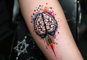 A front-seen brain in geometric and straight lines, math symbols arround, the phrase "Aut inveniam viam aut faciam" and a detailed arrow crossing from above with watercolors leaking from its tip tattoo idea