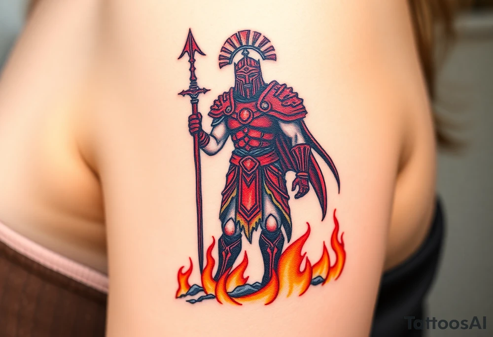 A battle-worn Ares in crimson and black armor, standing atop a battlefield engulfed in fiery orange and deep red flames tattoo idea