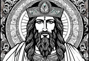 flat stern byzantine Christ with all-demanding eyes with a halo made of peacock feathers and pecans tattoo idea