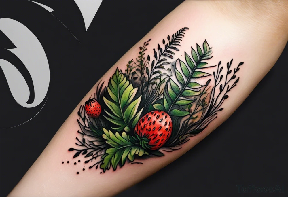 forest floor inspired minimalist tattoo, which includes grass, curly ferns and dead leaves as the bulk of the tattoo. details to include: three very tiny strawberries, a tiny bumblebee flying nearby, three small brown mushrooms tattoo idea