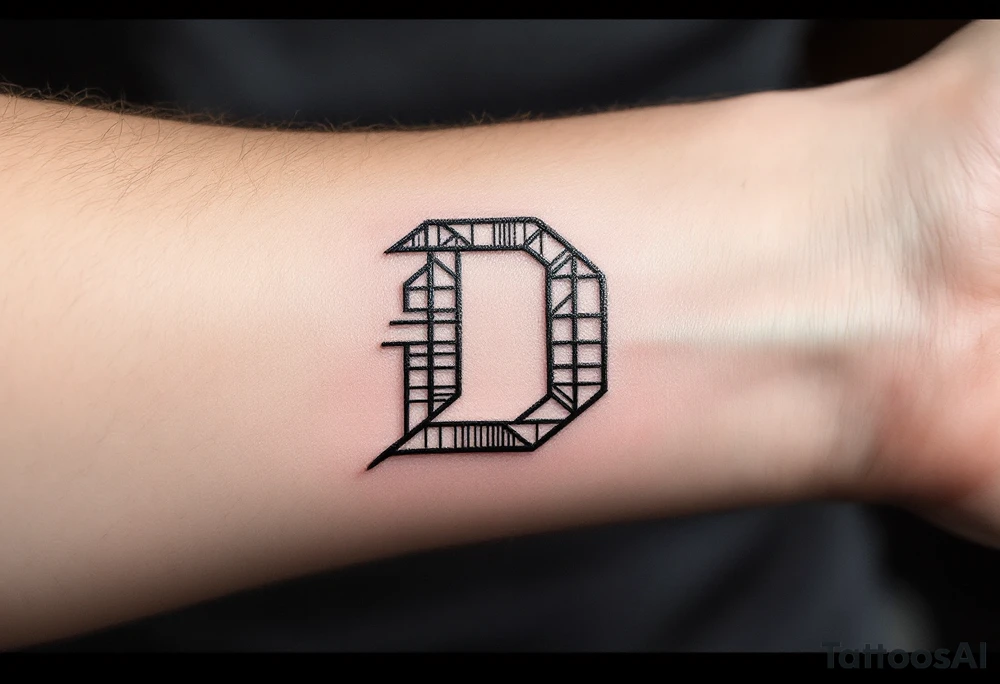 Minimalist Geometric D – A clean, thin-line letter D made from sharp black lines and accented with soft gray shadows. tattoo idea