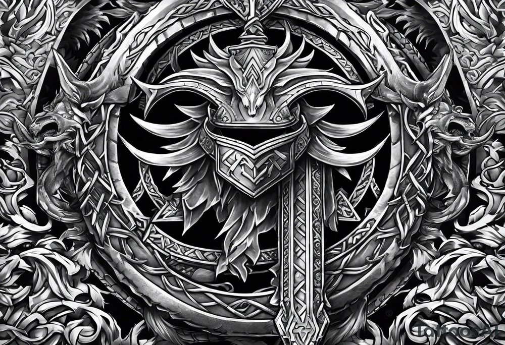 Valhalla sword shield dragon axe Valknut barbed wire chains tattoo idea